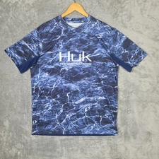 Huk Performance Fishing Shirt Mens Medium Mossy Oak Elements Aqua Short Sleeve
