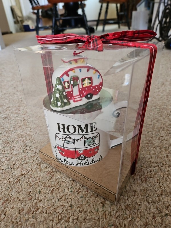 New~Blue Sky Home for the Holidays Camper Coffee Mug & Camper Ornament Gift Set