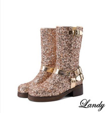 Sequins Women's Round Toe Mid Calf Boots Stage Glitter Low Block Heels Shoes Hot