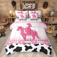 Cowgirl Western Bed in a Bag Queen Comforter Set 7 Piece,Pink Cowhide Bedding Se
