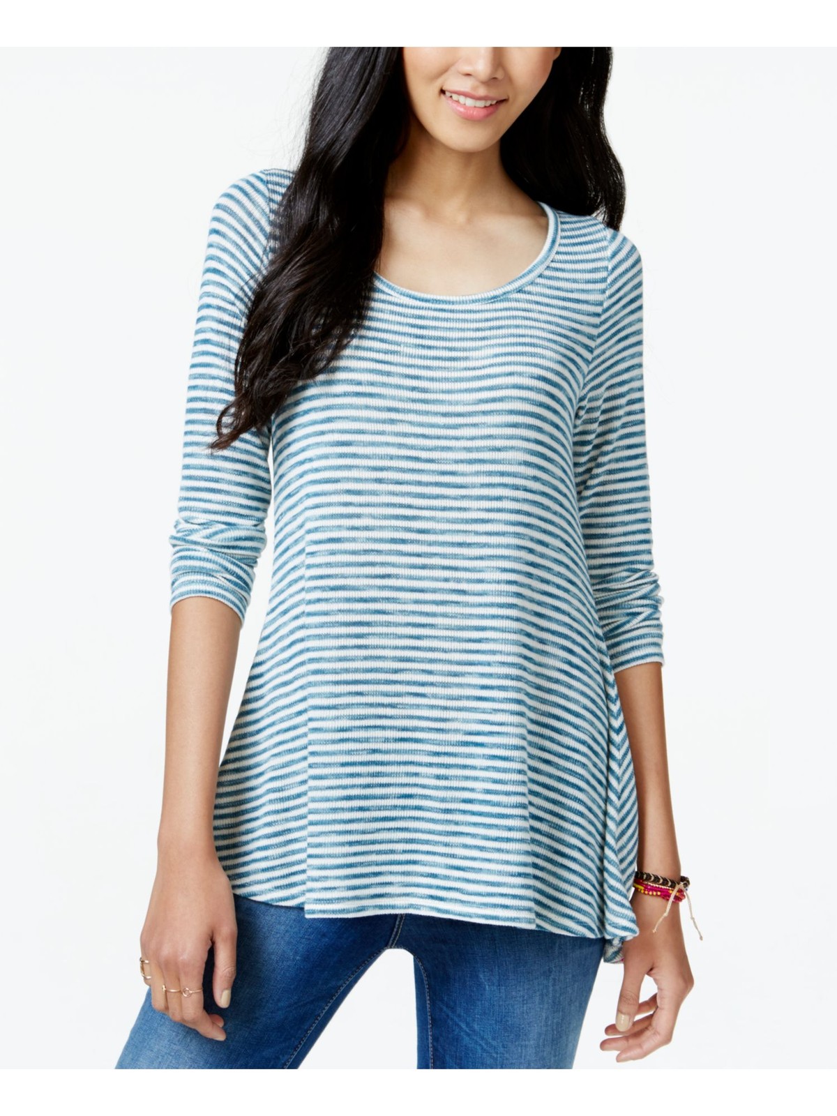 Bohemian Teal Striped Long Sleeve Boat Neck Top for Women