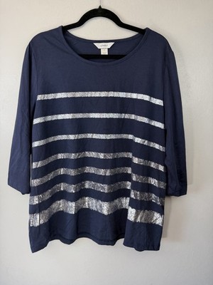 CJ Banks Plus Size Navy Top W Silver Stripes Scoopneck Size 2X