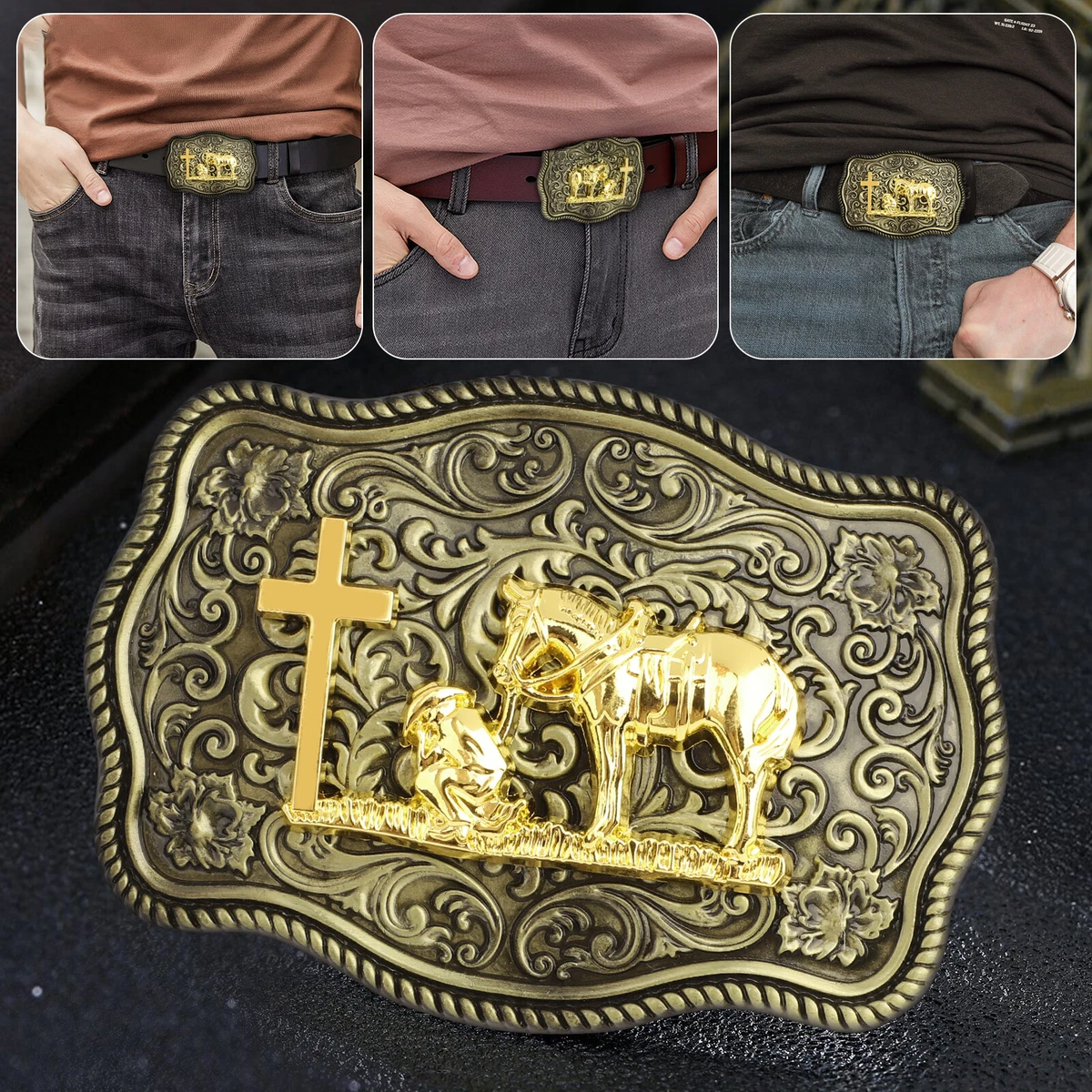 Men Rock Belt Buckle Western Cross Animal Long Huge Rodeo Big