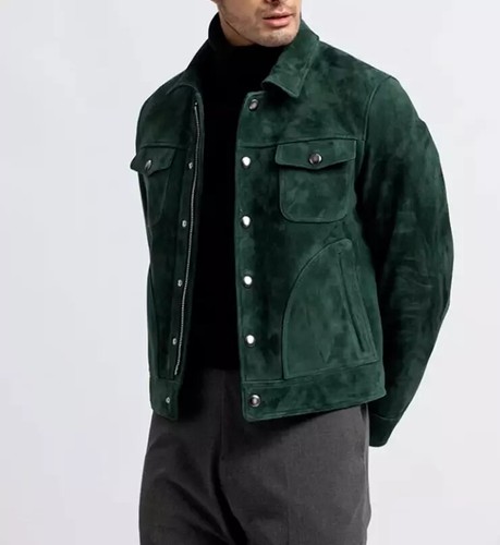 Green Suede Leather Trucker Jacket 100% Lambskin Made To Measure Men Jacket - Picture 4 of 9
