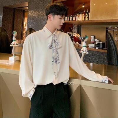 Men's Youth Korean Fashion Ribbon Bow Tie Long Sleeves Casual Dress Shirt  0840 | eBay