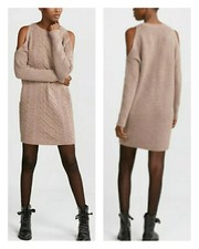 Express Womens Cable Knit Sweater Dress Tunic Cold Shoulder Neutral Combo XS NWT