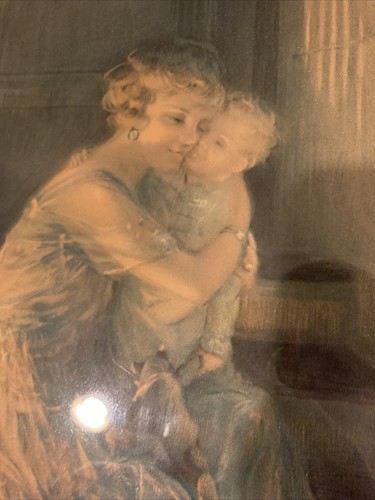 19) Vintage Mother & Child Baby Teddy Framed Litho Print "Good Night Kiss" - Picture 5 of 9