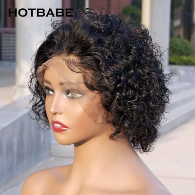 Pixie Cut Short Curly Human Hair Wigs Transparent Lace Frontal Wig  Preplucked