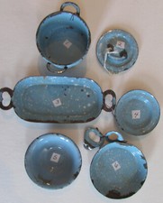 NOW ON SALE 6 PCs OLD AUTHENTIC ORIG. ANTIQUE TOY ENAMEL BABY BLUE GRANITEWARE