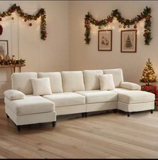 112" U-Shaped Sectional Sofa Couch Beige Corduroy Modular Deep Seat