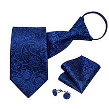 Silk Zipper Ties for Men,Paisley Solid Plaid Pre-tied Tie and Royal Blue