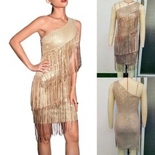 Women Dancewear Tiered Tassel Skirt Sequin Dress Latin Pageant Glittery Modern