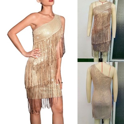 Women Dancewear Bodycon Dress Tiered Tassel Skirt Evening Ballroom Birthday