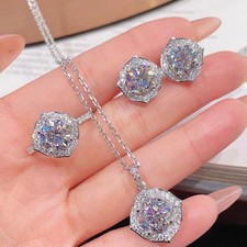 3pc Set Sparkle Simulated White Moissanite Gems Silver Women Earring Necklaces