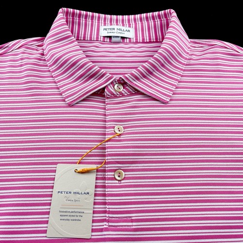 Peter Millar Crown Sport Performance Striped Mesh Polo Pink Ruby Large - Picture 3 of 6