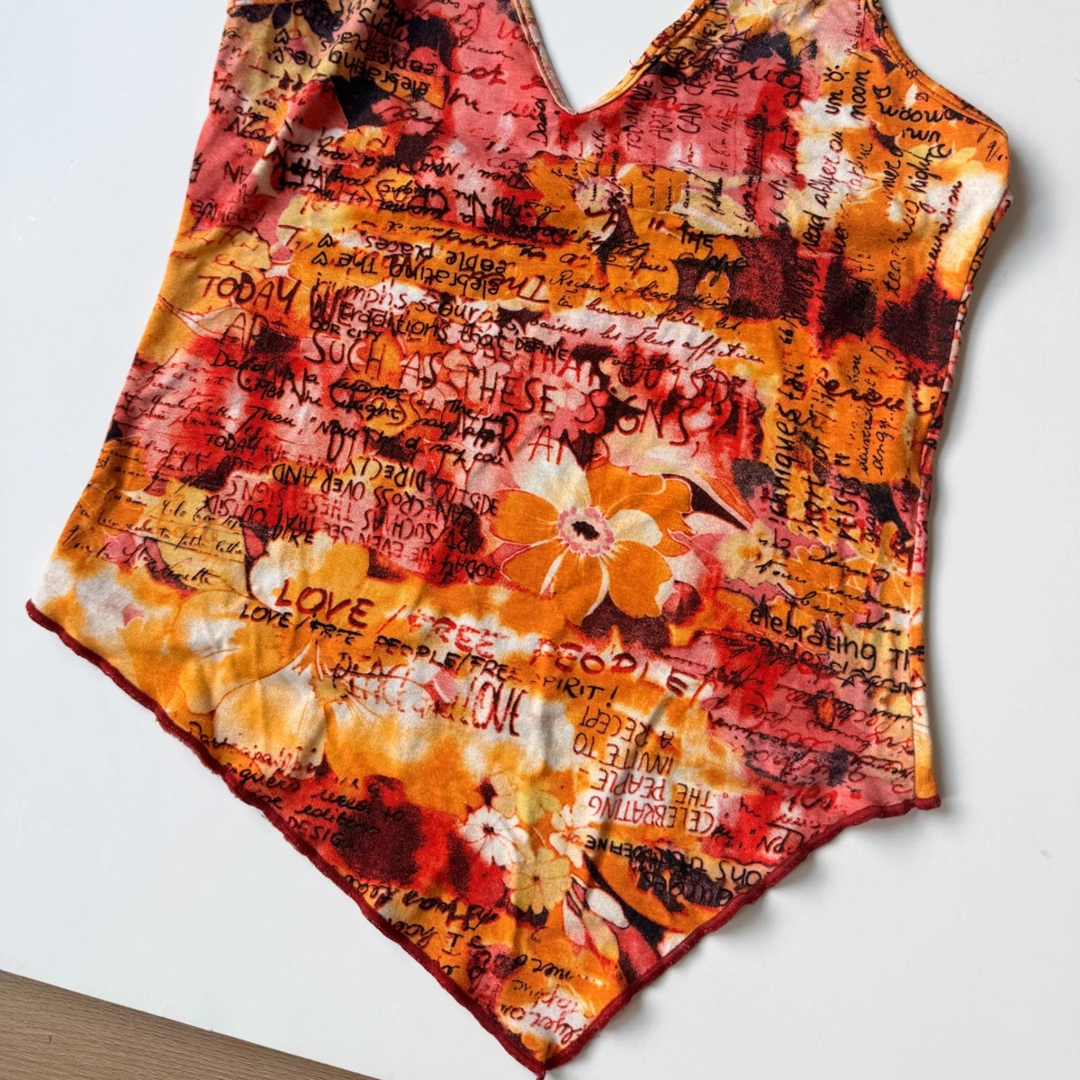 Vintage Y2K Red Orange Graphic Handkerchief Hem Halter Top Small Fairycore