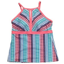 Lands End Girls Tankini Swim Top Size 14 Geometric Print Coral Blue White