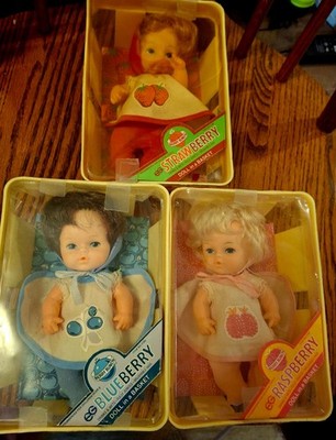 3 1979 EG Co. Dolls in a Basket Strawberry, Blueberry & Raspberry Appear New