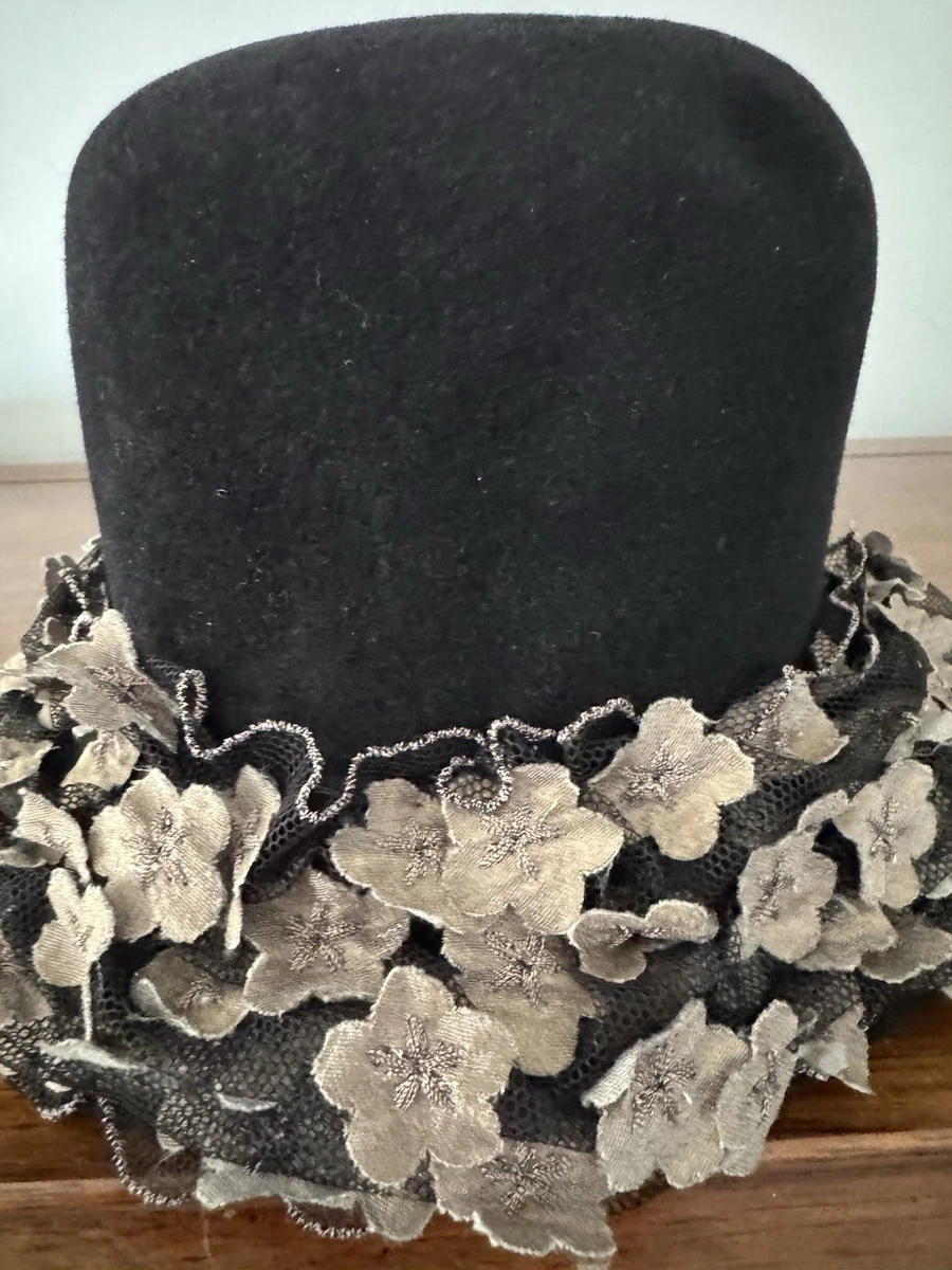 Louise Green Wide Brim Hat Black‎ Floral Embroidered Boho Wool Felt Round Crown Louise Green Wide Brim Hat Black Floral Embroidered Boho  main image 2