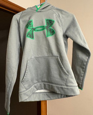 Under Armour Hoodie Large Youth Gray/Green Loose Coldgear Sweatshirt Boys YLG
