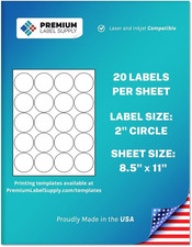 White 2" Round Sticker Labels Laser Inkjet Compatible 25 Sheets 500 Total