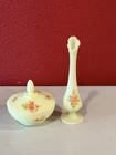 Vintage Fenton Matte Custard Glass Bud & Candy Dish Vase Hand Artist Signed