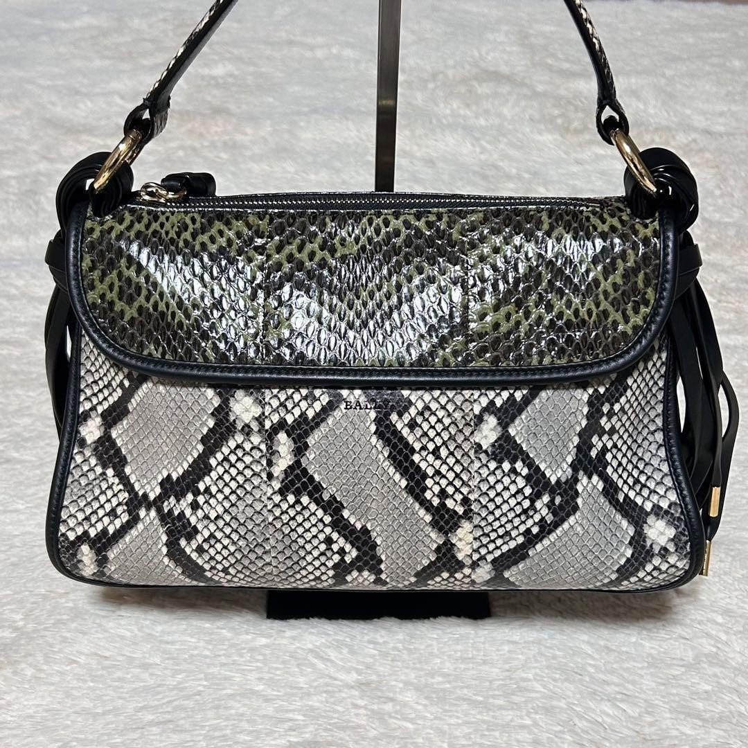 Bally Python Calf Leather 2Way Handbag Black Gree… - image 3