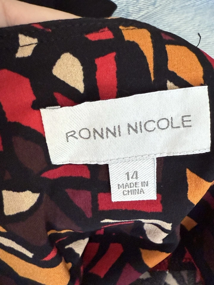 Vestido Ronni Nicole XL 14 Manga 3/4 Geo Estampado Colorido Años 70 Retro Otoño Pullover Foto 3 de 4