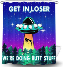 Funny UFO Shower Curtain for Bathroom, Unique Fun Alien Blue Purple Space Starry