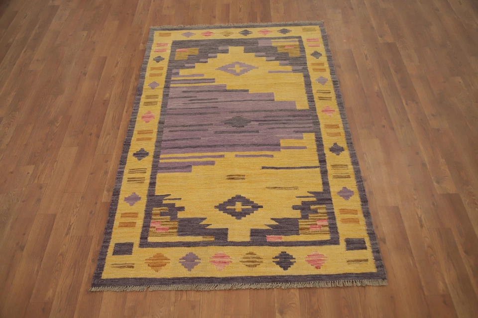 Alfombra Kilim Dorada/Púrpura 3x5 Tinte Vegetal Geométrica Lana Tribal Alfombra Foto 2 de 4