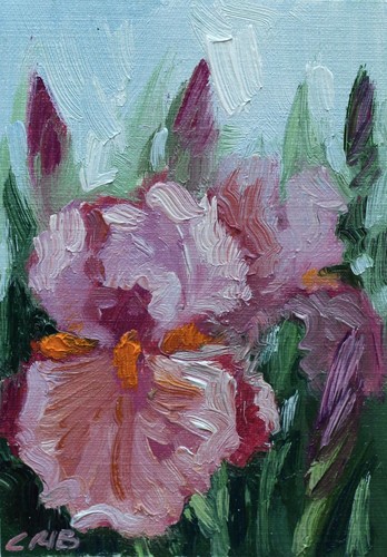 Pink Irises ACEO Original Oil Painting Collectible Card 2.5"x3.5" Miniature Art