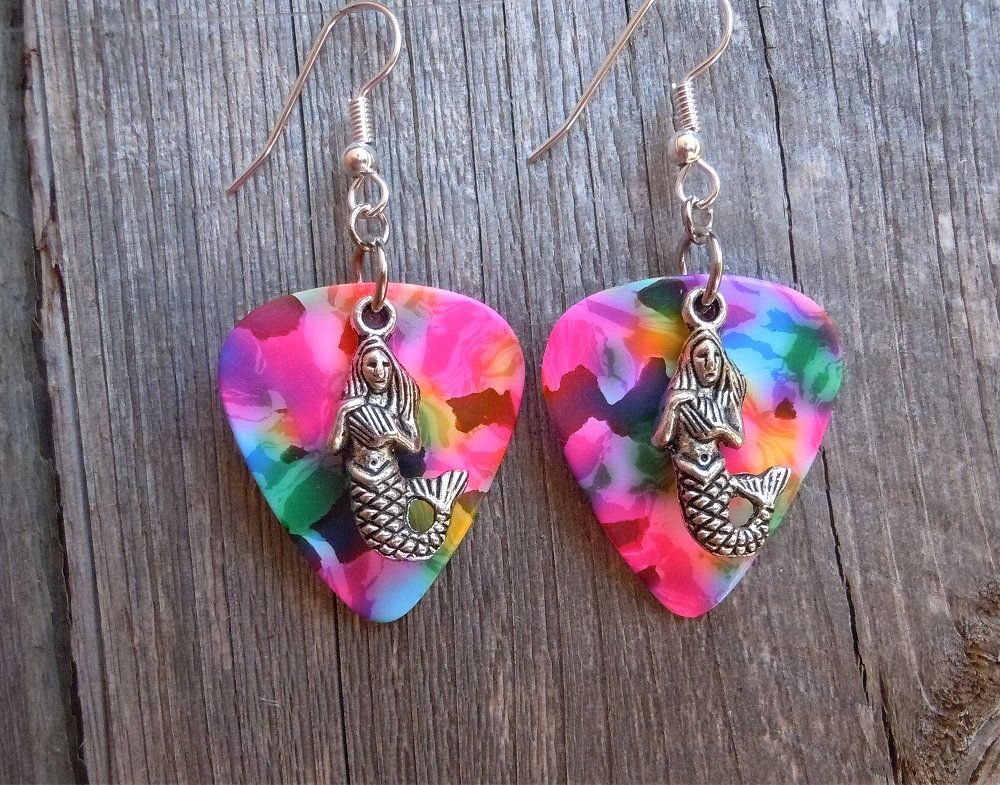 Mermaid Charm Guitar Pick Earrings with Surgical Steel Earwires