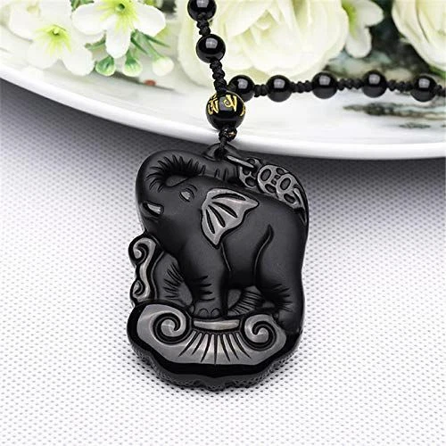 Cristal Natural Negro Obsidiana Elefante Collar Amuleto Colgante con Cadena de Cuentas Foto 2 de 4