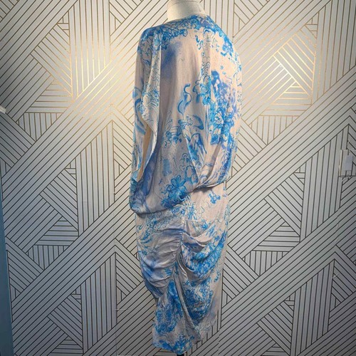 Thakoon Beige Blue Floral Print Draped Ruched Viscose Silk Dress Size 6 - Picture 6 of 11