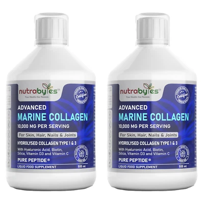 NUTRABYTES Liquid Marine Collagen Peptides Drink 10,000mg - 500ml (Sugar Free) [2 Pack]