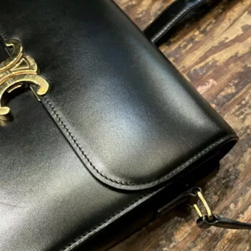 Auth CELINE Triomphe Medium - Black gold Shiny Calfskin Shoulder Bag from japan - Picture 3 of 10