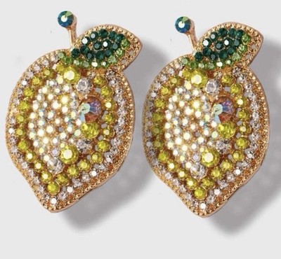 Sparkling Retro Yellow Green Crystal Rhinestone Lemon Fruit Stud Earrings Summer