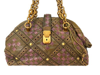 Bottega Veneta Leather Bowler Bag Green Purple Woven Chain Handle Lock Key
