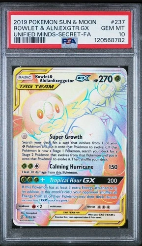 PSA 10 GEM 2019 S&M FA/ROWLET & ALOLAN EXEGGUTOR GX #237 UNIFIED MINDS SECRET 🔥