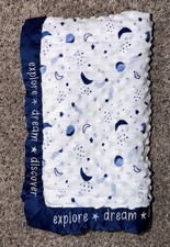 Just Born Baby Blanket Plush Blue White Explore Dream Discover Satin Minky Dot