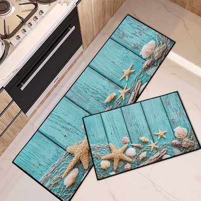 Rustic Starfish Shells Kitchen Rugs and Mats Non Skid Washable Set of 2, Turq...