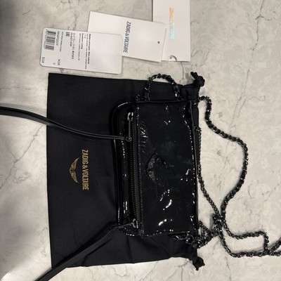 Zadig & Voltaire Rock Nano Clutch Crossbody Bag Women Black Leather Wings Silver