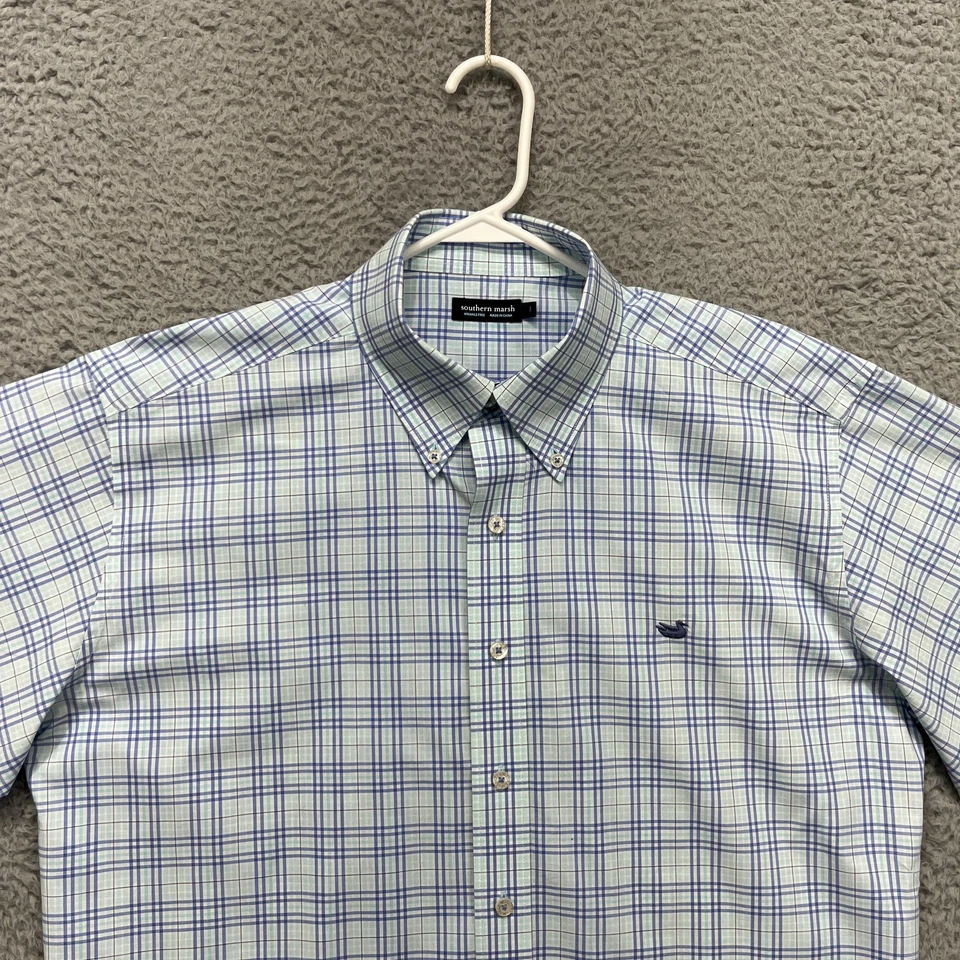 Camisa Southern Marsh Para Hombre Grande Azul Verde A Cuadros Sin Arrugas Abotonada Foto 2 de 4