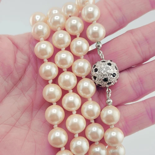 Vtg CAROLEE Choker Necklace 37" Faux Pearls Rhinestone Clasp Fashion Jewelry