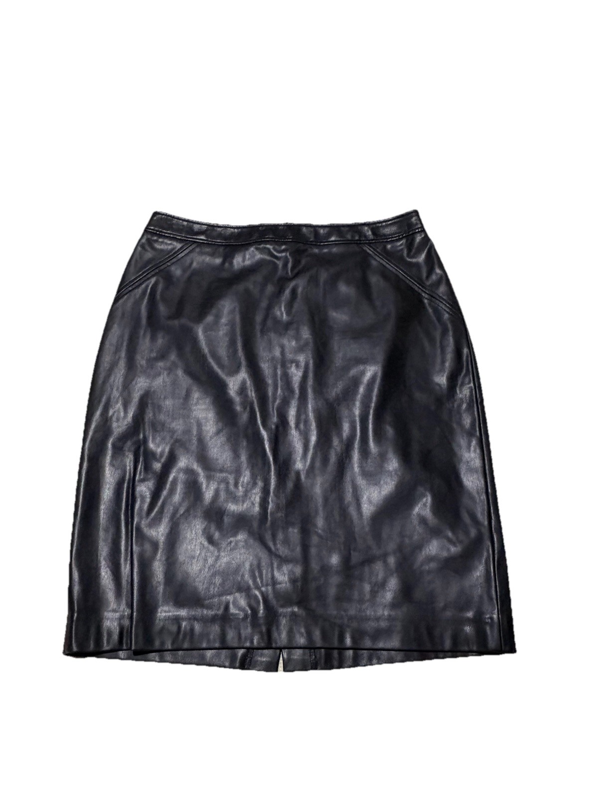 Women’s Black Faux Leather Pencil Skirt Size 12 Knee Length Back Slit Minimal