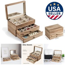 Rustic 3-Layer Jewelry Box Organizer with Mirror - Elegant Carbonized Black