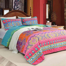 Quilt Set King Size 3 Pcs, Bohemian Red  Green Colorful Vintage Striped Bedspre