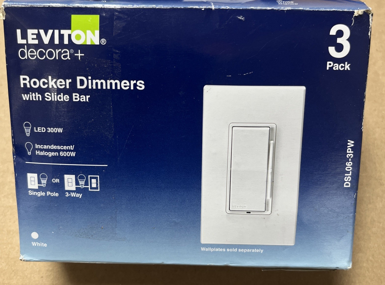 Leviton Decora 600-Watt Single-Pole/3Way Universal Rocker Slide Dimmer,White(3PK