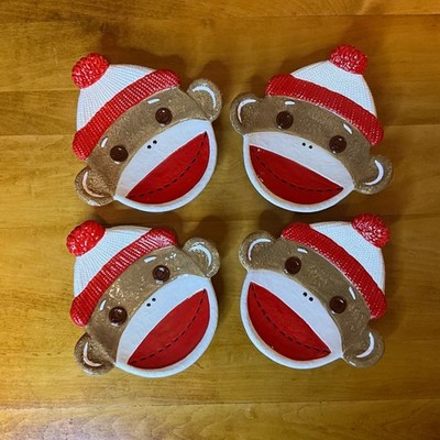 Sock Monkey Face Plates Dessert Appetizer Candy Trinket Dishes Granny Set 4