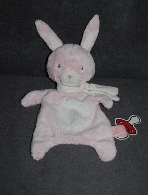 🍀Doudou Ours Plat Lapin TEX CARREFOUR Rose Echarpe Blanc Pois Attache Tétine - Photo 1/2